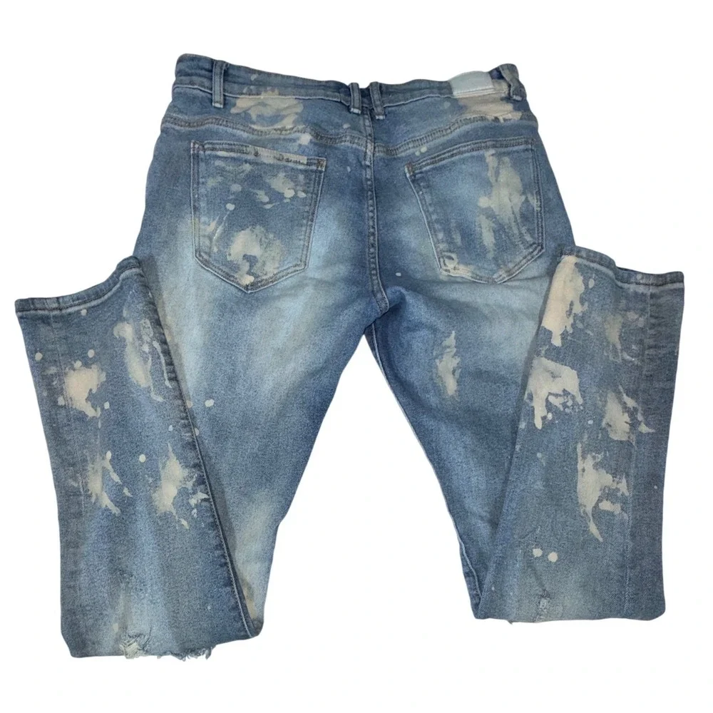 Embellish NYC Distressed Bleach Splatter Moto Skinny Jeans Blue Mens 34 x 30.5